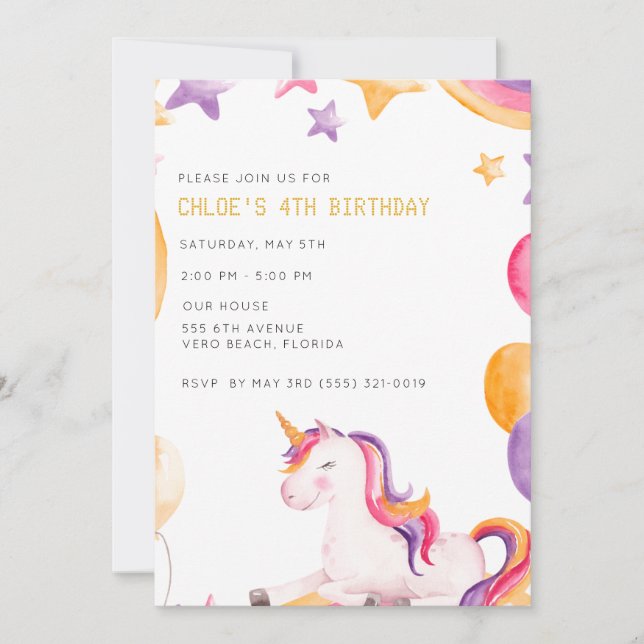 Cute Unicorn Kids Girl Birthday Party Invitation (Front)