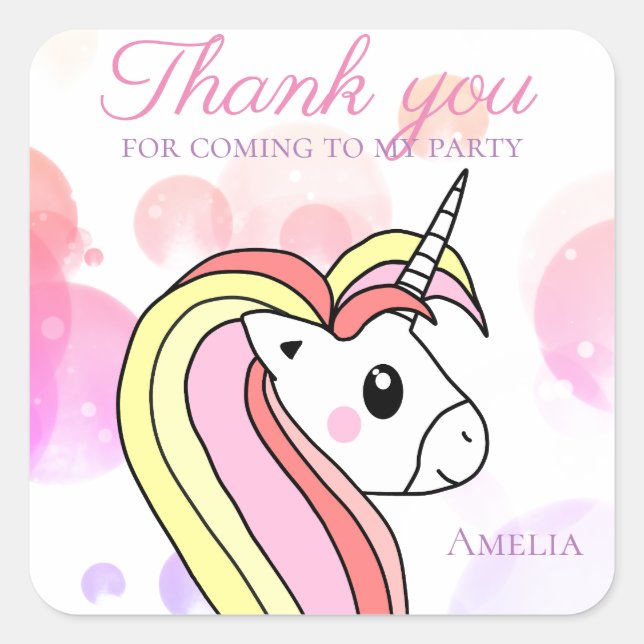 Cute Unicorn Kids Thank you Birthday Party Square Sticker (Front)