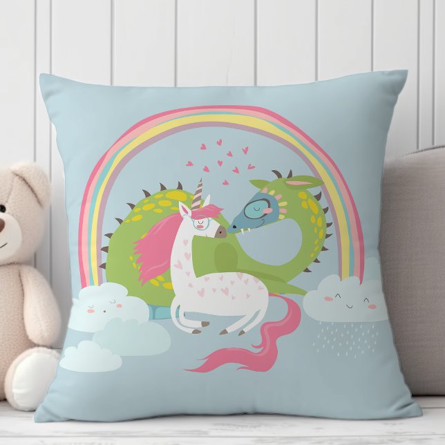 Cute Unicorn Kissing A Dragon Under Rainbow Cushion (Creator Uploaded)