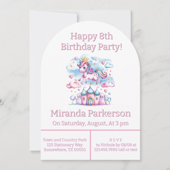Cute Unicorn Magical Castle Girl Birthday Party Invitation (Front)