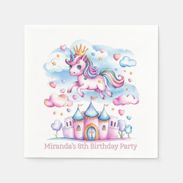 Cute Unicorn Magical Castle Girl Birthday Party Napkin (Front)