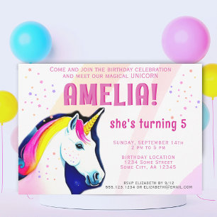 Cute Unicorn Magical Girl Birthday  Invitation