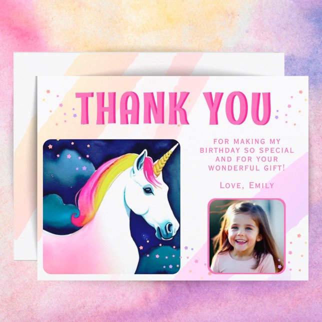 Cute Unicorn Magical Girl Birthday Photo Thank You Postcard (Creator Uploaded)