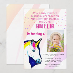 Cute Unicorn Magical Girl Photo Birthday  Invitation
