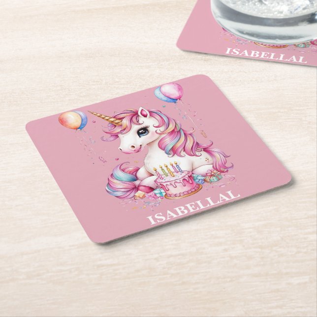 Cute unicorn magical princess  girly birthday kids square paper coaster (Angled)