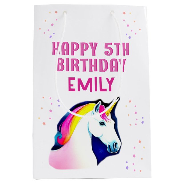 Cute Unicorn Magical Star Girl Happy Birthday Medium Gift Bag (Front)