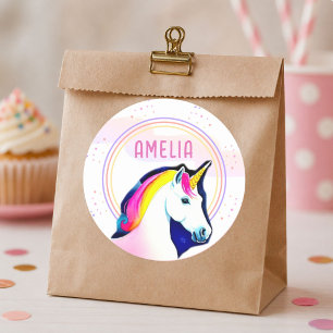 Cute Unicorn Magical Stars Girl Name Birthday Classic Round Sticker