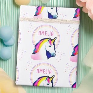 Cute Unicorn Magical Stars Girl Name Birthday  Wrapping Paper