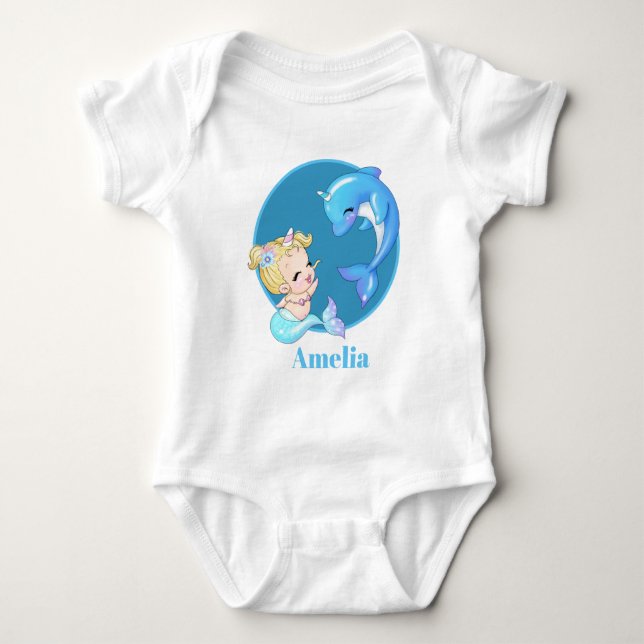 Cute unicorn mermaid add name dolphin baby girl bodysuit (Front)