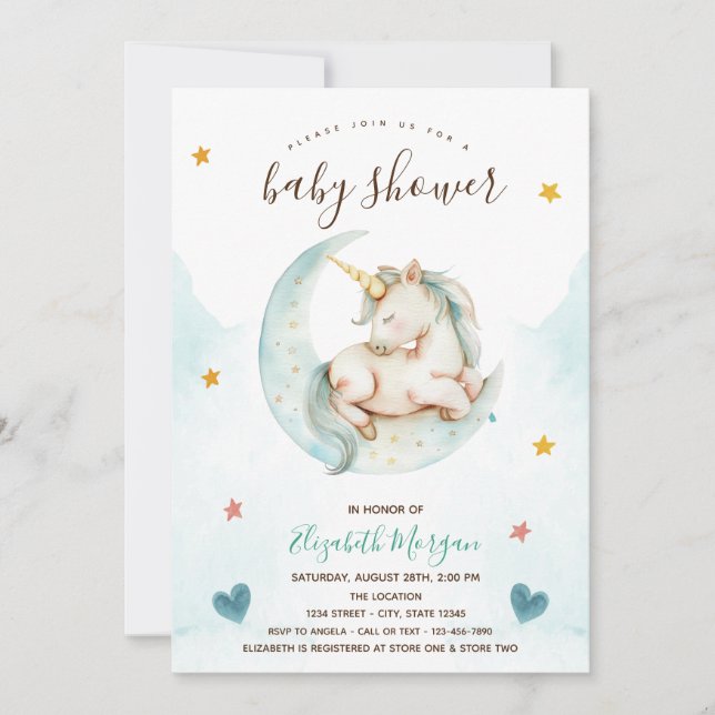 Cute Unicorn Moon Stars Hearts Baby Shower   Invitation (Front)