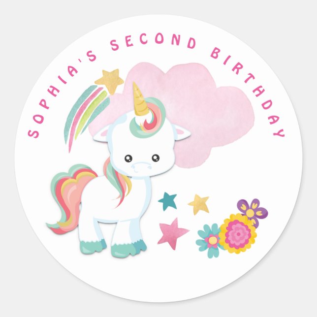 Cute Unicorn Name 2nd Birthday Party White Classic Round Sticker (Front)
