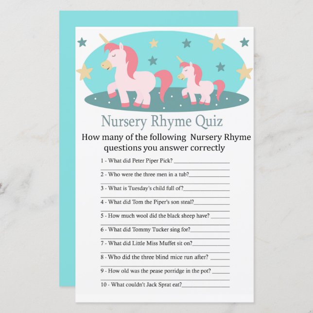 Cute Unicorn Nursery Rhyme Quiz baby shower game (Front/Back)