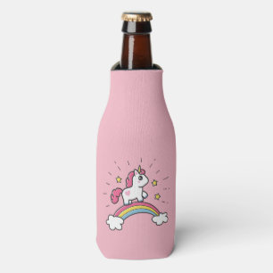Cute Unicorn On A Rainbow Design Bottle Cooler