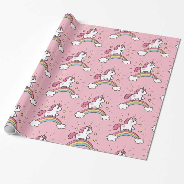 Cute Unicorn On A Rainbow Design Wrapping Paper (Unrolled)