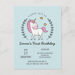 Cute Unicorn on Laurels Birthday Party Invitation Postcard
