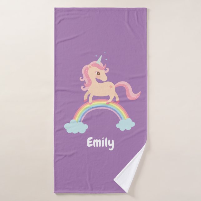 Cute Unicorn On Rainbow Girls Personalised Bath Towel (Bath Towel)