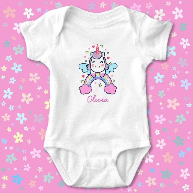 Cute Unicorn Pastel Colours Rainbow Custom Name Baby Bodysuit (Creator Uploaded)