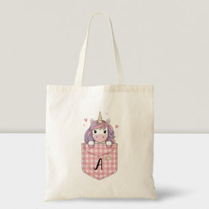Cute Unicorn Peeking from Pocket with initial Tote Bag