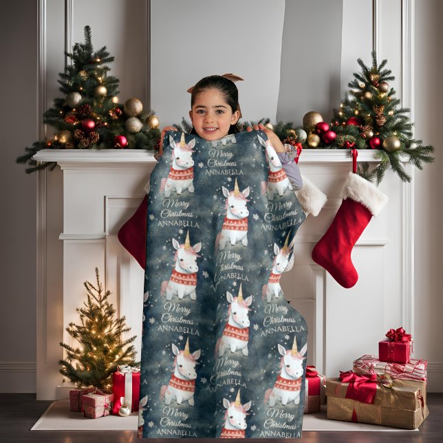 Cute Unicorn Personalised Christmas Fleece Blanket (Creator Uploaded)
