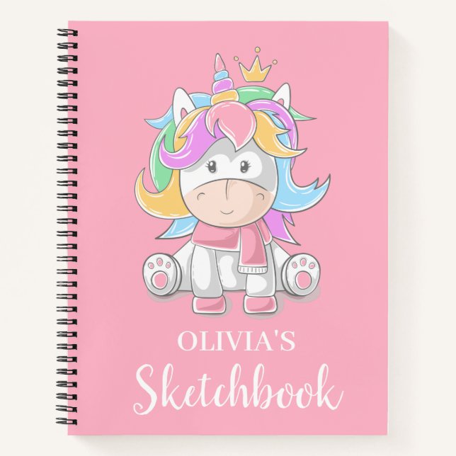 Cute Unicorn Personalised Kids Sketchbook Notebook (Front)