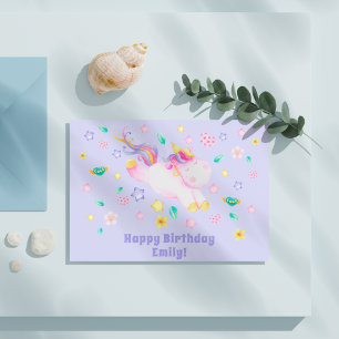 Cute Unicorn - Personalised Lavender Kids Birthday Postcard