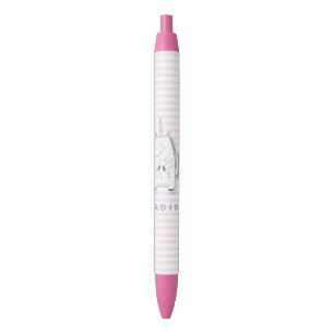 Cute Unicorn - Personalised Pink Striped Kids' Black Ink Pen