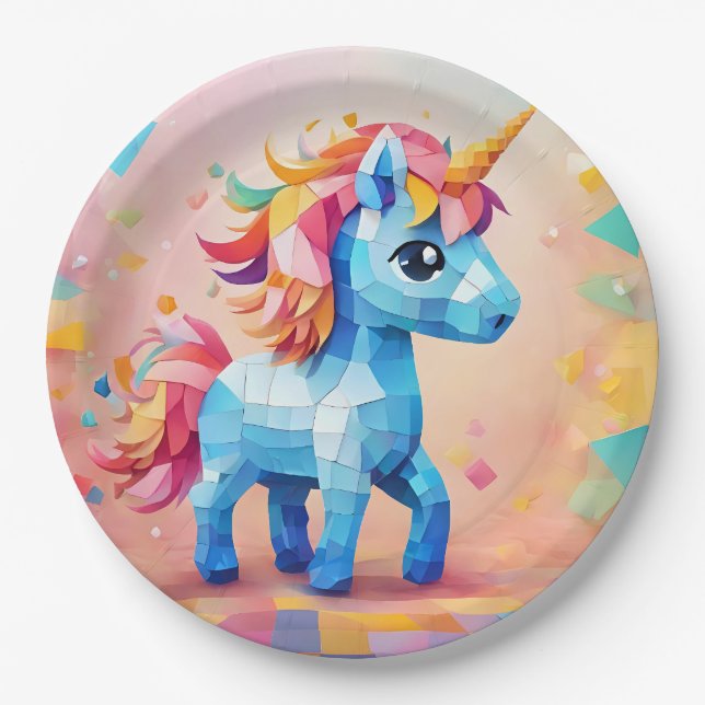 Cute Unicorn Pinata Birthday Invitation Paper Plate (Front)
