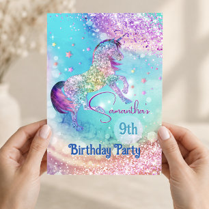 Cute unicorn pink aqua glitter any age birthday  invitation