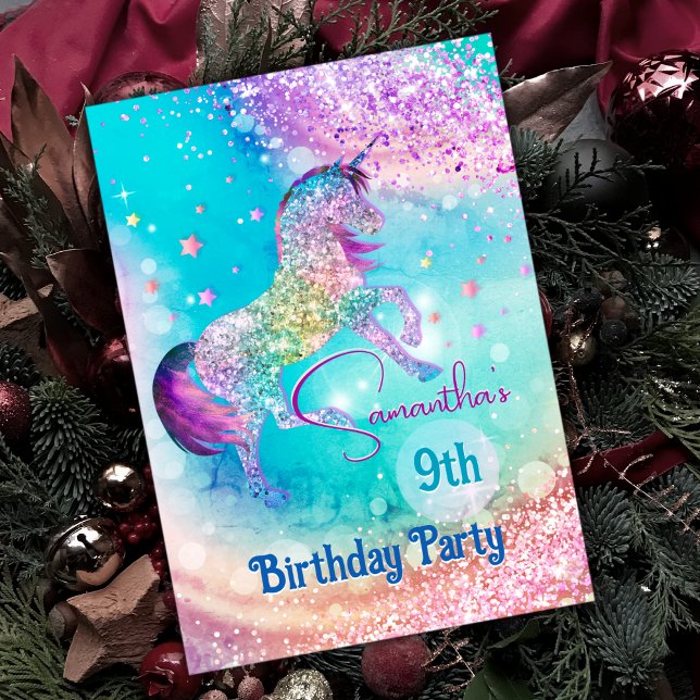Cute unicorn pink aqua glitter any age birthday  invitation (Creator Uploaded)
