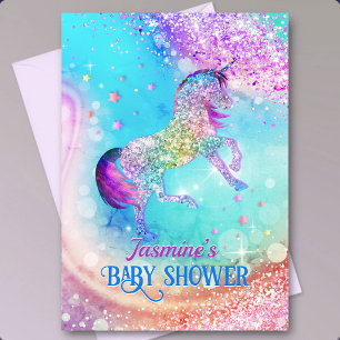Cute unicorn pink aqua glitter baby shower  invitation