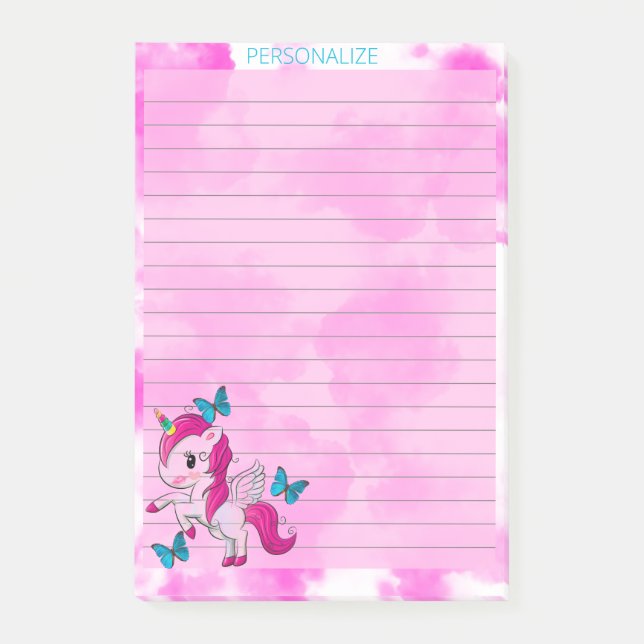 Cute Unicorn Pink Clouds Lined Pink Post It Notes (Front)