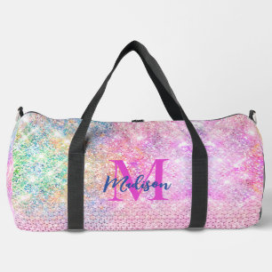 cute unicorn pink faux glitter rhinestone monogram duffle bag