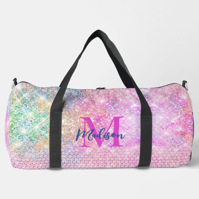 cute unicorn pink faux glitter rhinestone monogram duffle bag (Front)