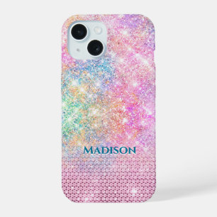 cute unicorn pink faux glitter rhinestone monogram iPhone 15 case