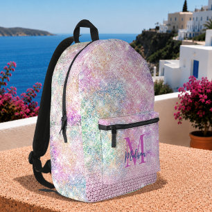 cute unicorn pink faux glitter rhinestone monogram printed backpack