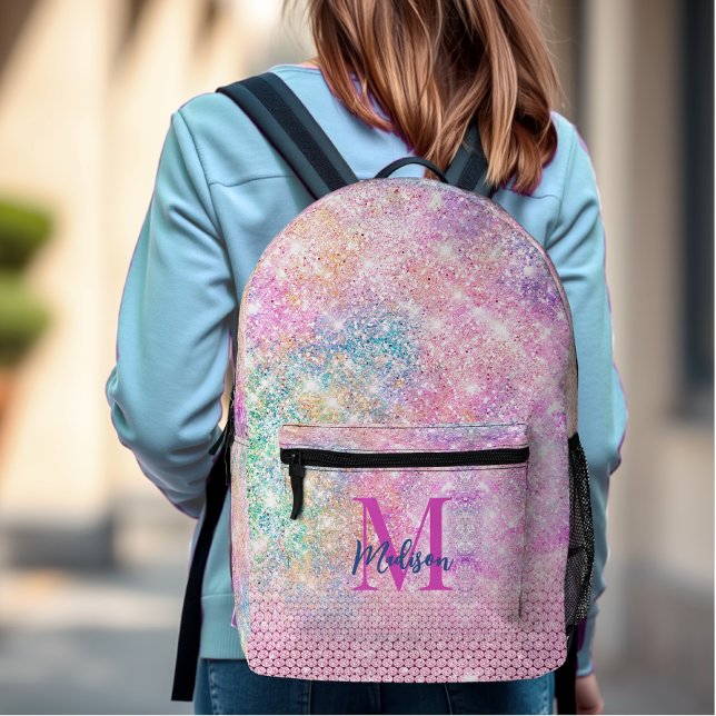 cute unicorn pink faux glitter rhinestone monogram printed backpack (Creator Uploaded)