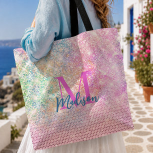 cute unicorn pink faux glitter rhinestone monogram tote bag