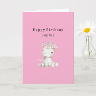 Cute Unicorn Pink Floral Birthday Card