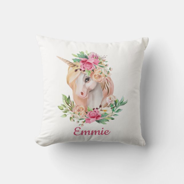 Cute Unicorn Pink Floral Custom Child's Name Cushion (Front)
