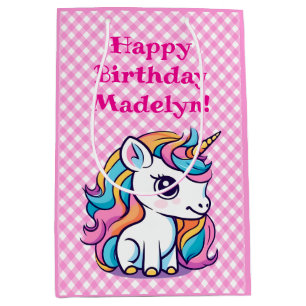 Cute Unicorn Pink Gingham Birthday Present Medium Gift Bag