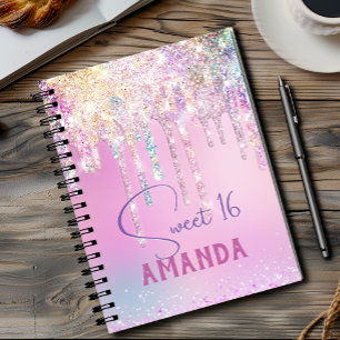 Cute unicorn pink glitter birthday monogram notebook