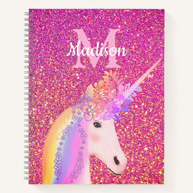 Cute Unicorn Pink Glitter Personalised Notebook (Front)