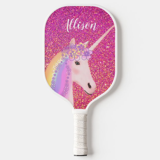 Cute Unicorn Pink Glitter Personalised Pickleball Paddle (Front)