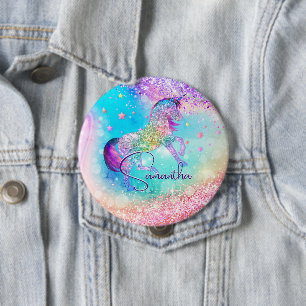Cute unicorn pink Glitter rainbow aqua monogram 10 Cm Round Badge