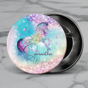 Cute unicorn pink Glitter rainbow aqua monogram 10 Cm Round Badge