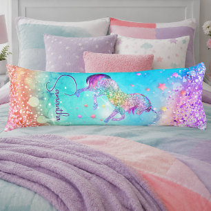 Cute unicorn pink Glitter rainbow aqua monogram Body Cushion
