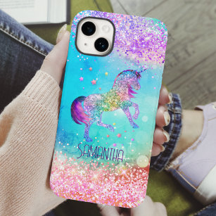 Cute unicorn pink Glitter rainbow aqua monogram iPhone 15 Case