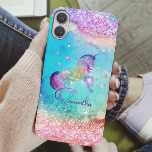 Cute unicorn pink Glitter rainbow aqua monogram iPhone 16 Case
