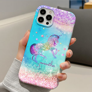 Cute unicorn pink Glitter rainbow aqua monogram Case-Mate iPhone Case