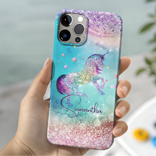 Cute unicorn pink Glitter rainbow aqua monogram Case-Mate iPhone 14 Case